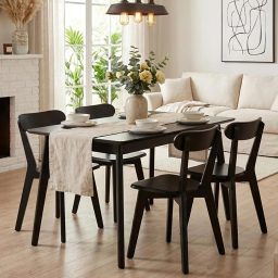 Black Solid Wood Curved Backrest Dining Chairs (Set of 4)